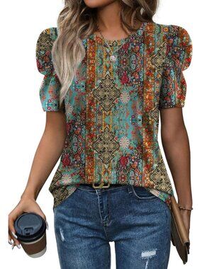 👑 Women's Boho Puff Sleeve Summer Crew Neck Casual Outfits Dressy T Shirt Tops